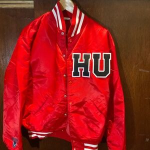 Red HU homecoming baseball jacket w/ library print on back